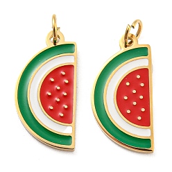 Red 304 Stainless Steel Charms, with Enamel and Jump Ring, Real 14K Gold Plated, Watermelon Charm, Red, 14.5x7x1mm, Hole: 2.5mm