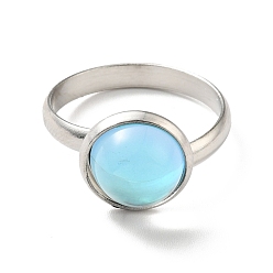 Светло-Голубой K9 стеклянное плоское круглое кольцо на палец, 304 женские украшения из нержавеющей стали, цвет нержавеющей стали, Небесно-голубой, размер США 7 3/4 (17.9 мм), кольцо поверхность: 12x7mm