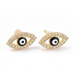 Black Enamel Horse Eye Stud Earrings with Clear Cubic Zirconia, Gold Plated Brass Jewelry for Women, Cadmium Free & Lead Free, Black, 8x14mm, Pin: 0.8mm