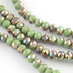 Pale Green Electroplate Glass Faceted Rondelle Bead Strands, Half Rainbow Plated, Pale Green, 4x3mm, Hole: 1mm, about 150pcs/strand, 18.9 inch