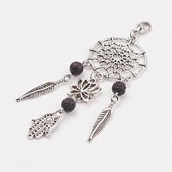 Black Alloy Pendant Decorations, with Natural Lava Rock and Brass Lobster Claw Clasps, Lotus & Hamsa Hand/Hand of Fatima/Hand of Miriam & Feather, Black, 96.5mm, Pendant: 83x29x7mm