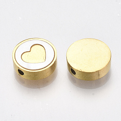 Golden 304 Stainless Steel Beads, with Shell, Flat Round with Heart, Golden, 10x3mm, Hole: 1.6mm