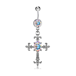 Crystal AB Cross Alloy Body Jewelry, Religion Theme Dangle Belly Rings, with Rhinestone and 316L Stainless Steel Pins, Crystal AB, 55x22mm, Pin: 1.6mm, 14 Gauge, Bar: 10mm