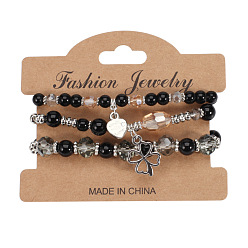 HY-2831-B black Bohemian Leaf Heart Charm Bracelet with Multi-layer Glass Bead Bangle and Yearly Chain