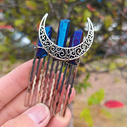 Blue Natural Crystal Quartz Hair Combs, with Metal Finding, for Women, Moon, Blue, 70x35mm