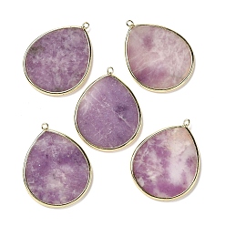 Lilac Jade Natural Lilac Jade Pendants, with Brass Findings, Teardrop, Golden, 41~41.5x32x2mm, Hole: 1.5mm