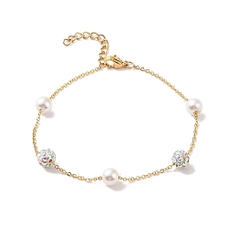 Clear AB 6mm Round Polymer Clay Rhinestone & Imitation Pearl Link Bracelets, 304 Stainless Steel Cable Chain Bracelets for Women, Real 24K Gold Plated, Clear AB, 7-1/8 inch(18cm), Bead: 6mm