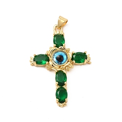 Green Rack Plating Brass Pendants, with Glass Cubic Zirconia, Resin Eye, Religion Cross Charm, Cadmium Free & Lead Free, Long-Lasting Plated, Real 18K Gold Plated, Green, 38x27x5mm, Hole: 5x3mm