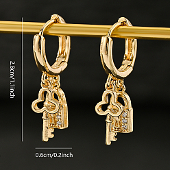 Золотой Латунные серьги-кольца с ключом и замком, с четким кубического циркония, золотые, 28x6 мм