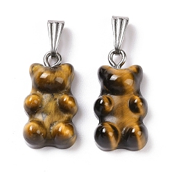 Tiger Eye Natural Tiger Eye Pendants, with Stainless Steel Color Tone 201 Stainless Steel Findings, Bear, 27.5mm, Hole: 2.5x7.5mm, Bear: 21x11x6.5mm