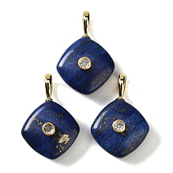 Lapis Lazuli Dyed Natural Lapis Lazuli Pendants, with Golden Brass Micro Pave Clear Cubic Zirconia Findings, Rhombus Charm, 30~30.5x20.5~21x9~10mm, Hole: 5.5~6x4mm