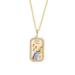 Aquarius Brass Micro Pave Cubic Zirconia Rectangle with Constellation Pendant Necklaces, with Enamel, Cable Chain Necklace for Women, Aquarius, 15-3/4 inch(40cm)