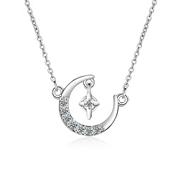 platinum pendant and chain Simple Short Collarbone Chain with Diamond Inlaid Star and Moon Pendant Necklace.