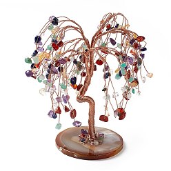 Mixed Stone Natural Mixed Stone Tree Display Decoration, Agate Slice Base Feng Shui Ornament for Wealth, Luck, Rose Gold Brass Wires Wrapped, 64~95x75~125x140~170mm