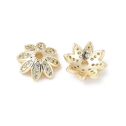 Настоящее золото 14K Колпачки для бусин из прозрачного кубического циркония из латуни, 8-лепестков цветка, реальный 14 k позолоченный, 10x3.5 мм, отверстие : 1.5 мм