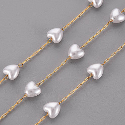 Real 18K Gold Plated Handmade ABS Plastic Imitation Pearl Beaded Chains, with 304 Stainless Steel Paperclip Chains, Drawn Elongated Cable Chains and Spool, Soldered, Heart, Real 18K Gold Plated, Link: 2.5x1x0.2mm, Heart: 6x6x4mm, about 65.61 Feet(20m)/roll