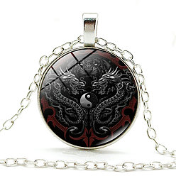 Black Dragon Theme Glass Round Pendant Necklace with Alloy Chains, Black, 20.47 inch(52cm)