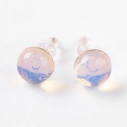 Opalite Opalite Ear Studs, with Iron Findings, Half Round, 8x4.5mm, Pin: 0.7mm
