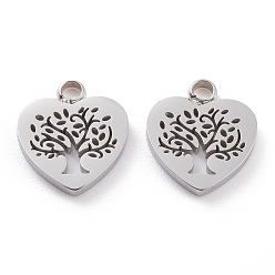 Stainless Steel Color 304 Stainless Steel Charms, Laser Cut, Heart with Tree of Life, Stainless Steel Color, 12x11x1.5mm, Hole: 1.8mm