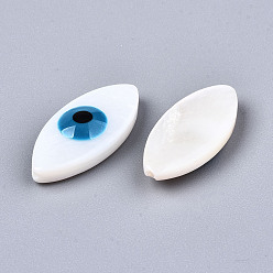 Dodger Blue Natural Freshwater Shell Beads, with Enamel, Horse Eye with Evil Eye, Dodger Blue, 18.5x8.5x4mm, Hole: 0.8mm