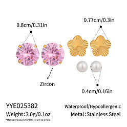 Pink 3 пары 304 комплекты сережек из нержавеющей стали, цветок и плоский круг, с кубического циркония, золотые, розовые, 4~8 мм