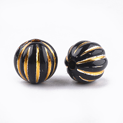 Black Plating Acrylic Corrugated Beads, Metal Enlaced, Round, Black, 9.5~10mm, Hole: 2mm, about 900~950pcs/500g