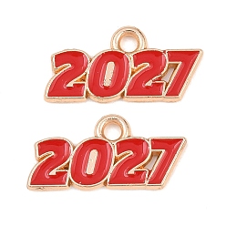 Красный Подвески из эмали и сплава, число 2027 прелести, золотые, красные, 9x18x1.5 мм, отверстие : 1.8 мм