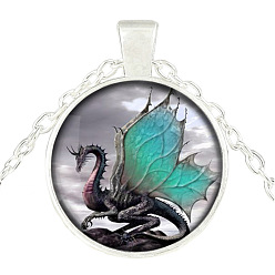 Silver Turquoise Dragon Theme Glass Flat Round Pendant Necklace with Alloy Chains, Silver, 27.56 inch(70cm)
