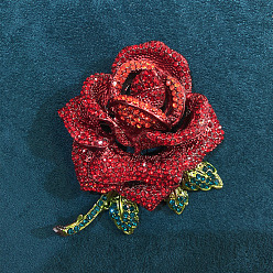 Siam Ethnic Style Rose Flower Pins, Gunmetal Alloy Rhinestone Brooch for Women's Sweaters Coats Suit, Siam, 73x61mm
