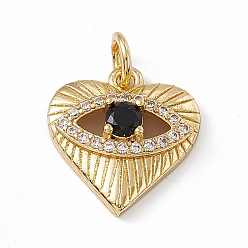 Black Rack Plating Brass Cubic Zirconia Pendants, Heart with Eye Charm, with Jump Ring, Long-Lasting Plated, Golden, Lead Free & Cadmium Free, Black, 18x16.5x6mm, Hole: 4mm