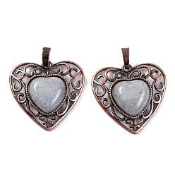 Labradorite Natural Labradorite Peach Love Heart Pendants, Rack Plating Brass Hollow Heart Charms, Cadmium Free & Lead Free, Red Copper, 29.5x30.5x7.5mm, Hole: 7.5x5mm