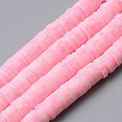 Pink Brin de perles pate polymère faits à la main , pour les fournitures de bricolage bijoux artisanat, perles heishi, disque / plat rond, rose, 6x0.5~1mm, Trou: 1.8mm, Environ 320~447 pcs/chapelet, 15.75 pouces ~ 16.14 pouces (40~41 cm)