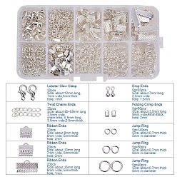 Silver Jewelry Findings Sets, with Iron Folding Crimp Ends & Ribbon Ends & Jump Rings & Twisted Chains, Alloy End Piece and Brass Lobster Claw Clasps, Silver, 5~55x2.5~8x0.7~5mm, Hole: 1~2mm