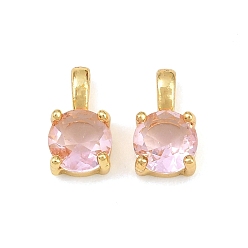 Pink Подвески из латуни и стекла, плоские круглые прелести, одиночные каменные прелести, стойки покрытие, долговечный, без свинца и без кадмия, золотые, розовые, 11x6x4.5 мм, отверстие : 3x1 мм