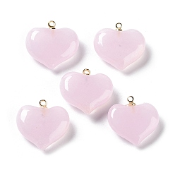 Pearl Pink Handmade Lampwork Pendants, with Rack Plating Golden Tone Brass Findings, Long-Lasting Plated, Heart Charm, Pearl Pink, 18.5x17x6.5mm, Hole: 1.4mm