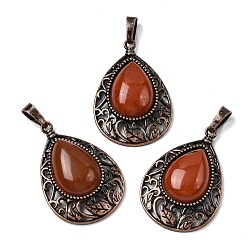 Красный Камень Подвески в виде слезинок из натуральной красной яшмы, с винтажной латунной рамкой красного медного оттенка, 34.5x23.5x7.5 мм, отверстие : 8x5 мм
