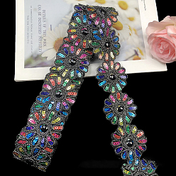 Black Polyester Lace Trim, with Colorful Paillettes, Flower, Garment Accessories, Black, 2-3/8 inch(60mm), about 4.5 yards/pc
