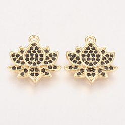 Black Brass Micro Pave Cubic Zirconia Charms, Lotus, Nickel Free, Real 18K Gold Plated, Black, 13x13x2mm, Hole: 1mm