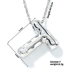 Letter T Ожерелья с подвеской в форме буквы из латуни, прозрачный кубический цирконий, ожерелья в стиле хип-хоп, платина, Письмо T, 15.75 дюйм (40 см)