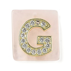 Letter G Природного розового кварца подвески, прямоугольные подвески с латунной микропаве прозрачной кубической циркониевой буквой, реальный 18 k позолоченный, долговечный, стойки покрытие, Буква G, 21x18x5 мм, отверстие : 1.4 мм
