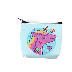 Pale Turquoise PVC Wallets, Clutch Bag with Zipper, Rectangle with Unicorn Pattern, Pale Turquoise, 9x10.5x2cm