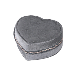 Gray Heart Velvet Jewelry Storage Zipper Boxes, Jewelry Organizer Travel Case, for Necklace, Ring Earring Holder, Gray, 9.5x10.4x4.3cm