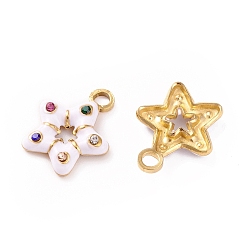 White 304 Stainless Steel Rhinestone Pendants, with Enamel, Golden, Star Charm, White, 16x13x2.5mm, Hole: 2.2mm