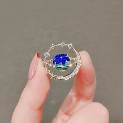 Blue Planet Alloy Rhinestone Brooches for Women, with Enamel, Blue, 20mm