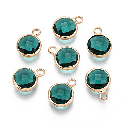 Средний Бирюзовый Латунь стекло прелести золотой тон, плоско-круглые, граненые, средне бирюзовый, 11~12x8.5~9x3.5~4 мм, отверстие : 1.8~2 мм