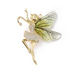 Yellow Resin Fairy Lapel Pin with Clear Cubic Zirconia, Real 18K Gold Plated Brass Badge with Loop for Jewelry Pendant, Cadmium Free & Lead Free, Yellow, 38x53x6.5mm