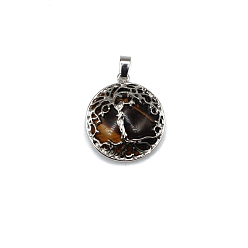 Tiger Eye Natural Tiger Eye Pendants, Tree of Life Charms with Platinum Plated Alloy Findings, 31x27mm