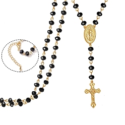 Black Glass Rosary Bead Necklace, Golden Brass Cross & Jesus Pendant Necklace, Black, 19.69 inch(50cm)