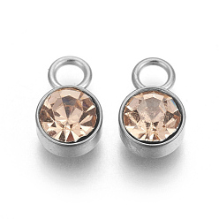 Lt.Col.Topaz Glass Rhinestone Charms, Birthstone Charms, with Stainless Steel Color Tone 201 Stainless Steel Findings, Flat Round, Lt.Col.Topaz, 10x6x5mm, Hole: 2mm