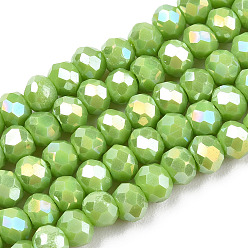 Olive Electroplate Glass Beads Strands, Opaque Solid Color, AB Color Plated, Faceted, Rondelle, Olive, 3x2mm, Hole: 0.8mm, about 165~169pcs/strand, 15~16 inch(38~40cm)